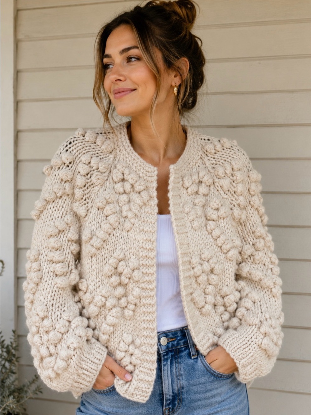 Chicwish “Handmade with love” Cream Chunky Knit Pom Pom Oversized Cardigan S